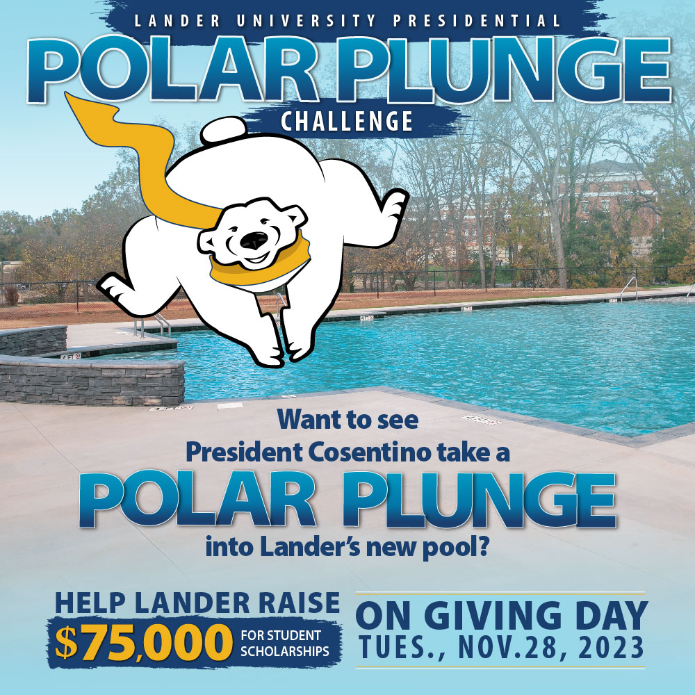 LanderUniv's tweet image. Take the plunge with us by giving now through #GivingTuesday.

To see President Cosentino take a presidential polar plunge, we need YOU!

Every gift, no matter how big or small, will make a huge splash if we reach our goal!

lander.edu/onelander 

#onelander #polarplunge