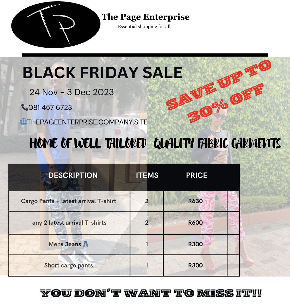 Omphile_J's tweet photo. BLACK FRIDAY SALE alert 🚨 
Save up to 30% off on selected items

For Orders 🛍
🌐https://t.co/6LBj7ZiYTi or WhatsApp 081 457 6723

@thepage_e 
#BlackFriday #Trending #clothingstore #sale #shoponline #thepageenterprise #SaleHere #shopnow https://t.co/evgaRZWMoK