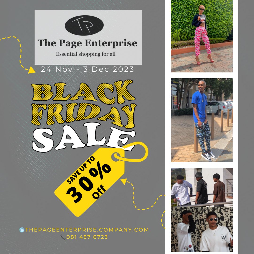 Omphile_J's tweet photo. BLACK FRIDAY SALE alert 🚨 
Save up to 30% off on selected items

For Orders 🛍
🌐https://t.co/6LBj7ZiYTi or WhatsApp 081 457 6723

@thepage_e 
#BlackFriday #Trending #clothingstore #sale #shoponline #thepageenterprise #SaleHere #shopnow https://t.co/evgaRZWMoK