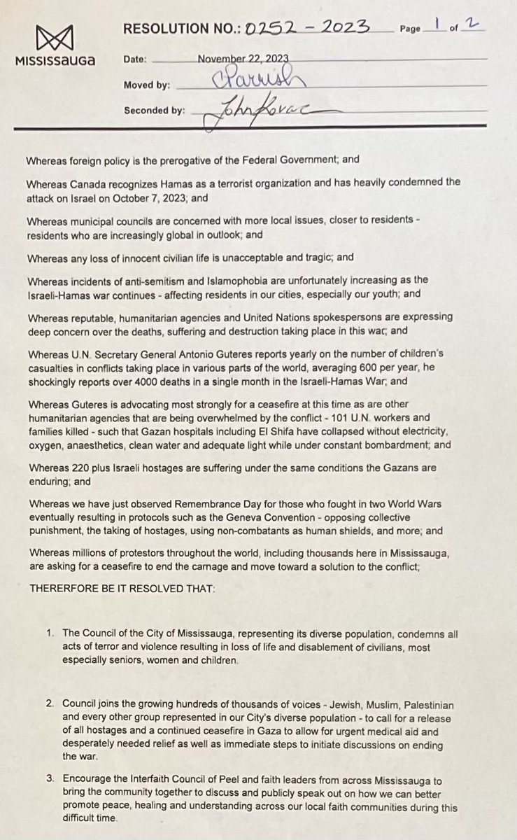 27 residents including young children, spoke to Mississauga Council on the Israeli-Hamas War today - all respectful, informed, passionate. Motion passed unanimously for a CEASEFIRE to stop the slaughter of innocent civilians dying in the thousands, allowing badly needed supplies.