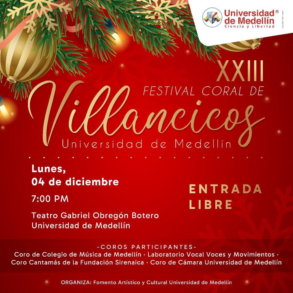 🎄Agéndate!
Te inviamos a disfruta de una noche de canto y magia con el XXIII Festival de Villancicos. 🥁🎺

Ven al <a href="/teatroudem/">Teatro UdeM</a> para que juntos le demos la bienvenida a la navidad. 

Acompáñanos desde las 7:00 p.m., entrada libre. 

¡Te esperamos! 

#EventosNavidad