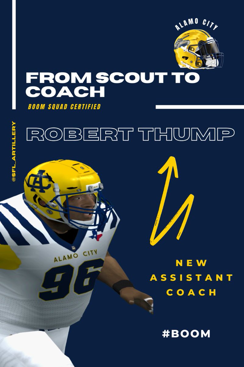 SFL_Artillery's tweet photo. So proud to announce this. Robert Thump has been instrumental in our Scouting Department. He has worked along side the coaching staff all season long to make it the season it was.

Welcome Coach Thump!

#BoomSquadCertified #AlamoCity #Artillery #ESPN #Football @simulationfl https://t.co/eaqoBIPa4m