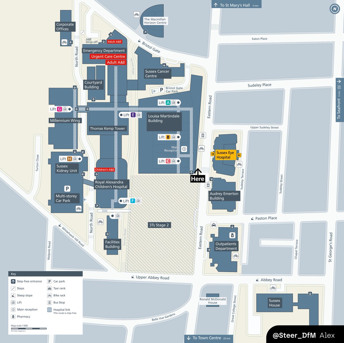 Day 22: North is not always up #30DayMapChallenge 
To support wayfinding, it is better to rotate the map to the way the user is facing, using landmarks to orientate themselves to the static map. In Brighton we delivered this map in several rotations to work around the hospital.