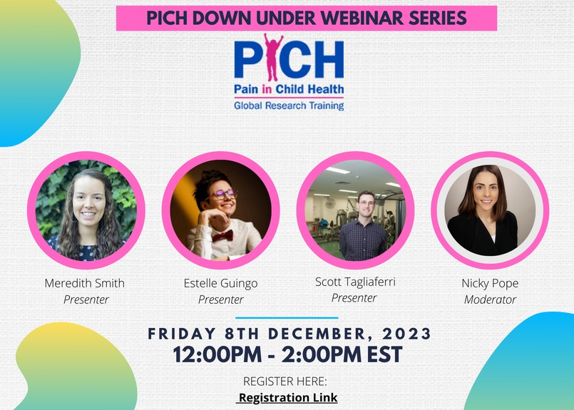 📢 Join us for the inaugural PICH Down-Under webinar on Dec 8th, 12-2pm AET! 👩‍🔬Three amazing paediatric pain researchers will showcase their work. Open to all! Register: events.humanitix.com/pich-down-under @PICH_pain