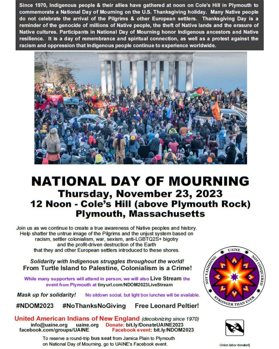 Decolonize #Thanksgiving! Help shatter the peaceful Pilgrims' myth and the unjust system based on racism, genocide, and settler colonialism that European settlers imposed on these shores. #NDOM2023 #NoThanksNoGiving #MayflowersKill #ThanksTaking