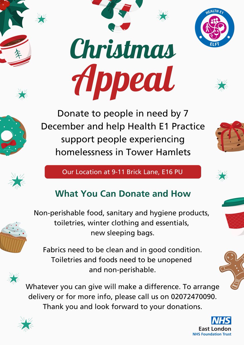 Laura pisaneschi (@pisaneschilaura) on Twitter photo At Health E1 we are hosting a homeless health fair on 8th December. We are looking for donations to support those experiencing homelessness in Tower Hamlets <a href="/NHS_ELFT/">East London NHS Foundation Trust (ELFT)</a> At Health E1 we are hosting a homeless health fair on 8th December. We are looking for donations to support those experiencing homelessness in Tower Hamlets <a href="/NHS_ELFT/">East London NHS Foundation Trust (ELFT)</a>