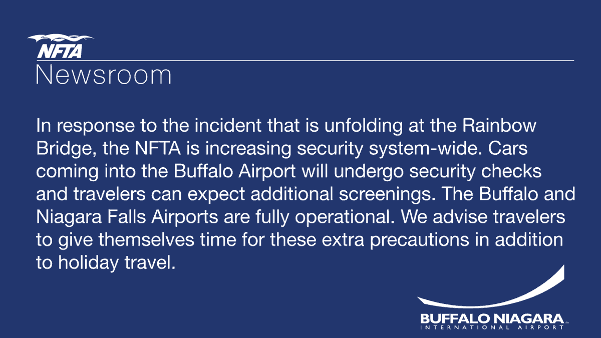 BUFAirport's tweet photo. As stated in our earlier tweet , the Buffalo Niagara International Airport is open and fully operational. Additionally security measures are in place until further notice. https://t.co/HDN9nQDmxA