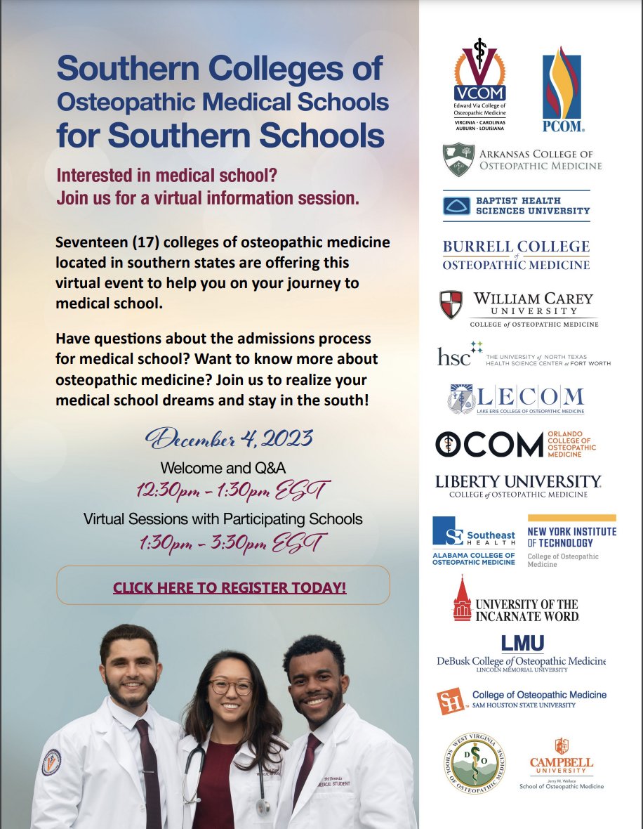 Southern COMs for Southern Schools will be on Monday, December 4 from 12:30pm-3:30pm ET. It will be a one-stop-shop for Pre-Meds to ask questions and connect with osteopathic admissions officers from across the Southeastern United States! Register here: forms.office.com/pages/response…