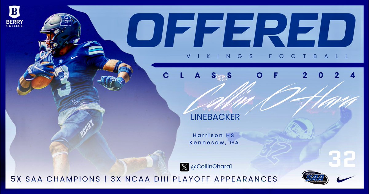 Excited to receive my first offer from <a href="/BerryFootball/">Berry Football</a> | <a href="/FB_CoachElliott/">Joel Elliott</a> <a href="/BCCoachK/">Tony Kunczewski</a> <a href="/hoyafbrecruit/">HoyaFBrecruiting</a> <a href="/TheCoachCassidy/">Josh Cassidy, Ed.D.</a> <a href="/RecruitGeorgia/">Recruit Georgia</a>
