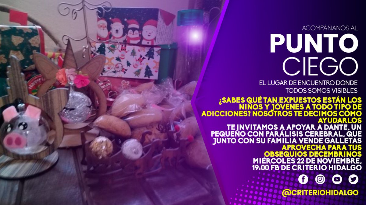 Sara_ElizondoC's tweet photo. Te invitamos a encontrarnos en el #PuntoCiego
¿Sabes qué tan expuestos están los niños y jóvenes a todo tipo de adicciones? 
Te invitamos a apoyar a Dante, pequeño con PC, que con su familia vende galletas para sus terapias y tratamientos.
Hoy a las 19:00 I FB de Criterio Hidalgo https://t.co/OSAaEZ6vg7