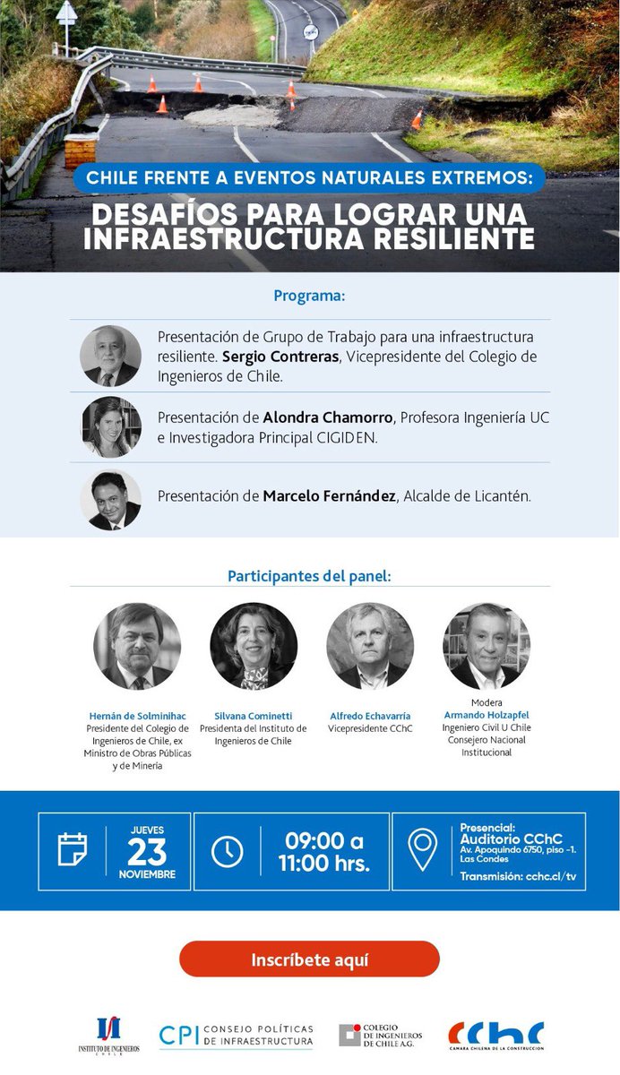 hdesolminihac's tweet photo. Mañana interesante seminario sobre Infraestructura Resiliente 
@CChC_Chile @IngenierosCHILE @IngenieriaUC @cigiden https://t.co/a5UmNee7R1