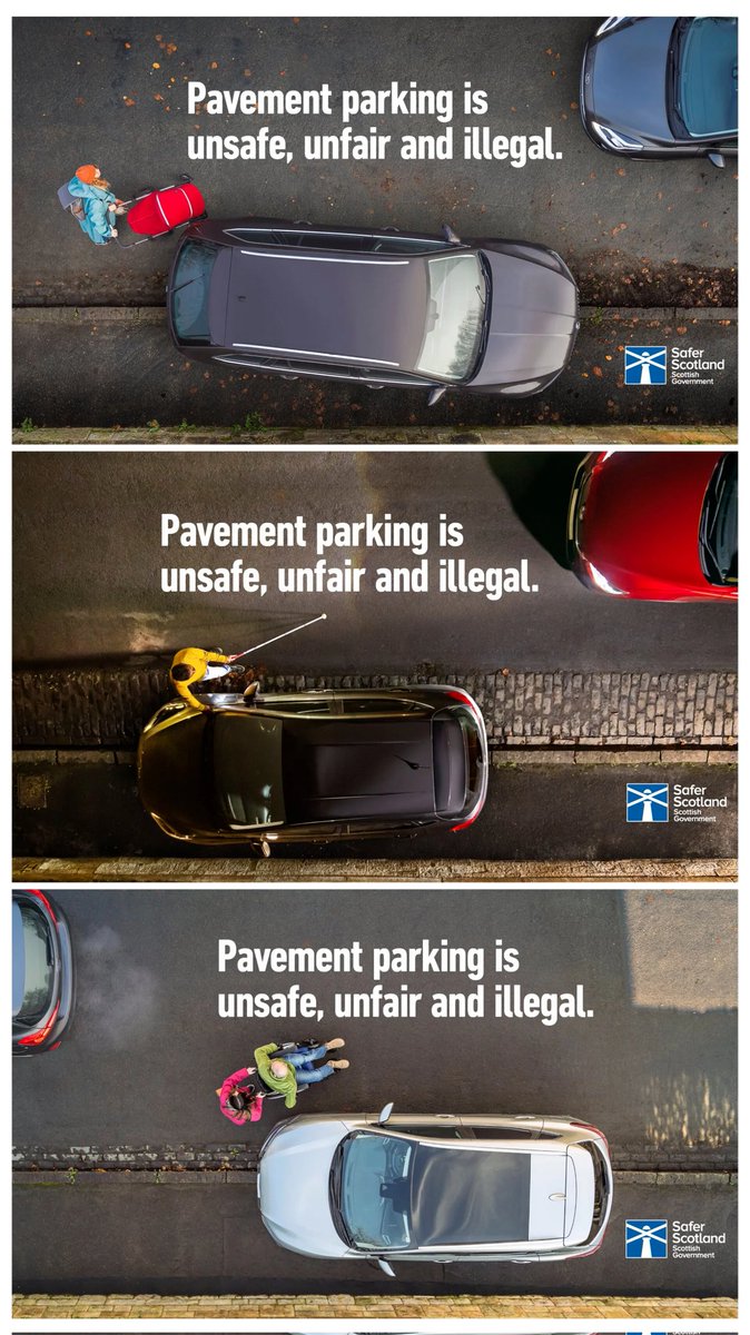 En Écosse, le gouvernement Écossais lance cette campagne contre le stationnement sur le trottoir :
"Le stationnement sur trottoir est dangereux, injuste et illégal"

Ici dans l'Europe du Sud, les autorités s'en fichent et ferment les yeux.