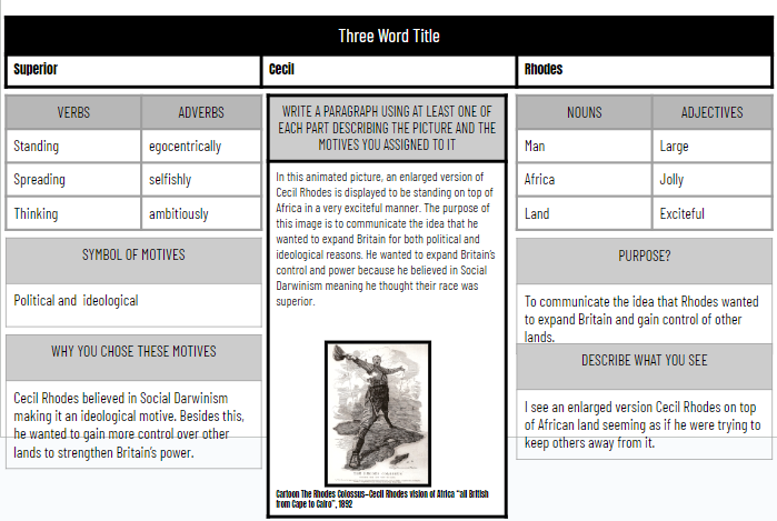 JustinUnruh16's tweet photo. WH-Motives of Imperialism
✅#FastandCurious
✅#8parts x6
#Eduprotocols
Love how 8 parts lends itself so well to picture analysis. Also, it's shocking how many students don't know what a verb is...
https://t.co/WZ5ZI952Gi https://t.co/0z3Bze10yG