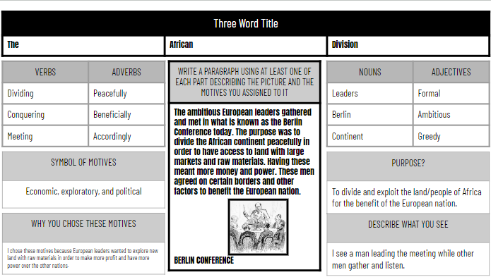 JustinUnruh16's tweet photo. WH-Motives of Imperialism
✅#FastandCurious
✅#8parts x6
#Eduprotocols
Love how 8 parts lends itself so well to picture analysis. Also, it's shocking how many students don't know what a verb is...
https://t.co/WZ5ZI952Gi https://t.co/0z3Bze10yG