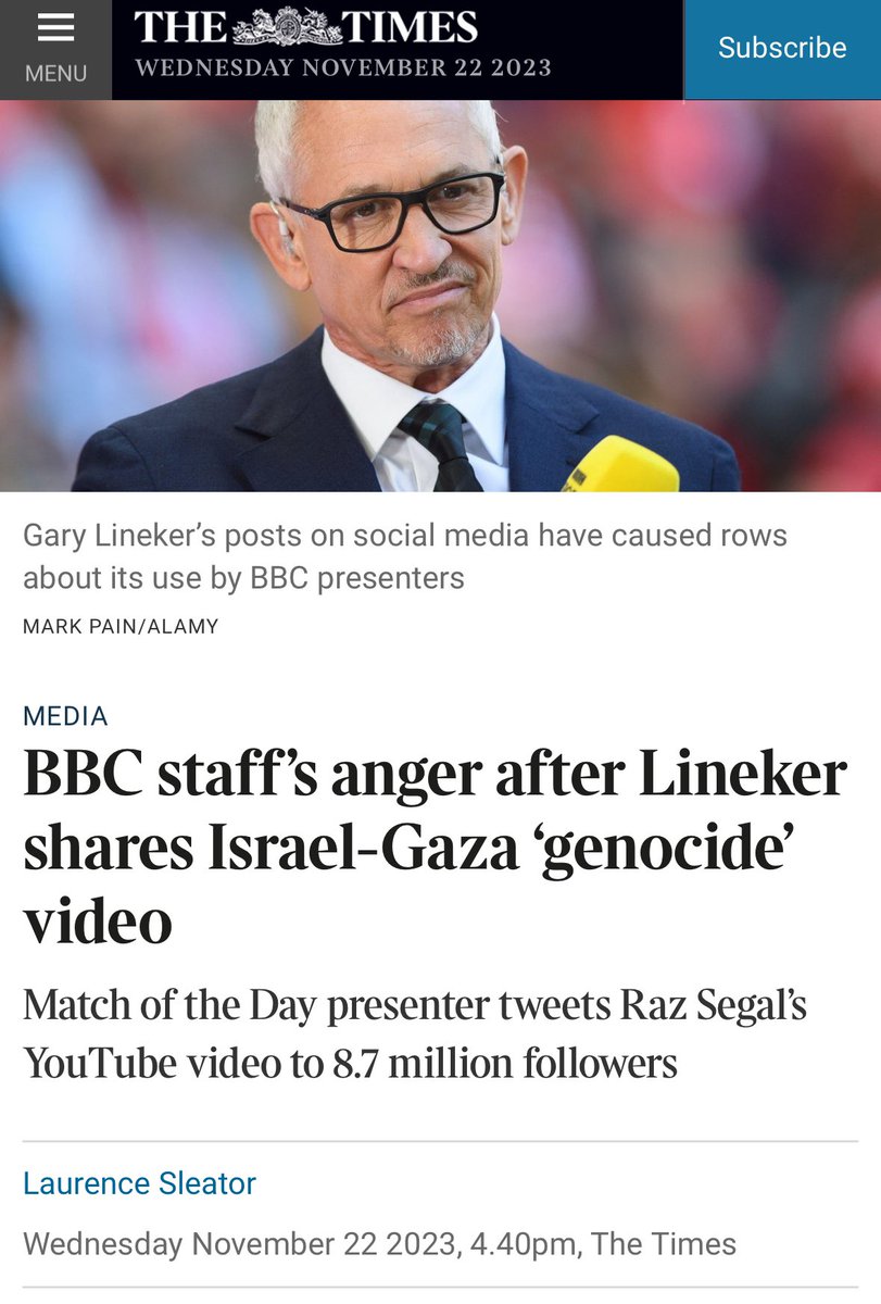 ArchRose90's tweet photo. ‘The post caused dismay among BBC staff. One raised concerns that it would be “bloody awful” for any Jewish colleagues that have to work with Lineker. “It’s pretty s**t for any Jew having to work with quite a few folk here right now,” they added.’
The BBC need to get rid of him. https://t.co/wZyH2HoQND