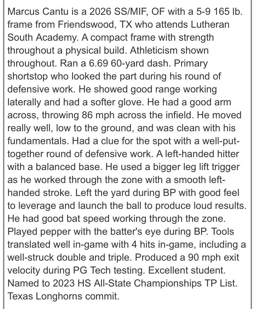 Thank you @PG_Scouting @PGShowcases @Texas_PG for my PG grade 9.5 and recognition 🙏. #GodFirst #HookEm 🤘#SouthPride #WFNation @CalebLongley @EinhardtEvin @coachschneidog @WowFactorNation @PSTxHSBaseball @TxHS_Baseball @JBrownPG @TRussoPG @LoneStarPrepsTX