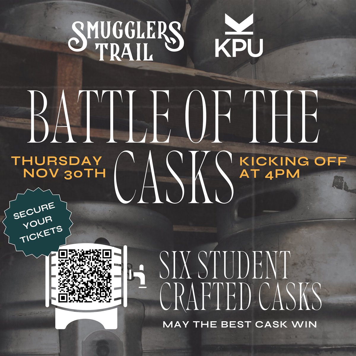 Join KPU Brew and @CAMRAVancouver at @SmugglersTrail for Battle of the Casks on Nov. 30 where KPU students will battle for the best beer! Tickets are FREE but registration required for entry and judging: tinyurl.com/4bmet285 @KwantlenU #KPUBrew #langleyaletrail @CAMRABC