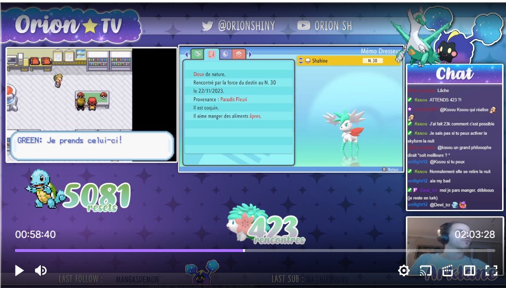 [39] Shaymin Shiny en 423 rencontre sur DEPS pendant mon live sur la TV d'Orion. Je le sentais bien tomber ce soir et ce fut le cas. Bref très content de ce petit nombre aprés le trés gros nombre de Zigzaton
clips.twitch.tv/ImpossibleImpa…