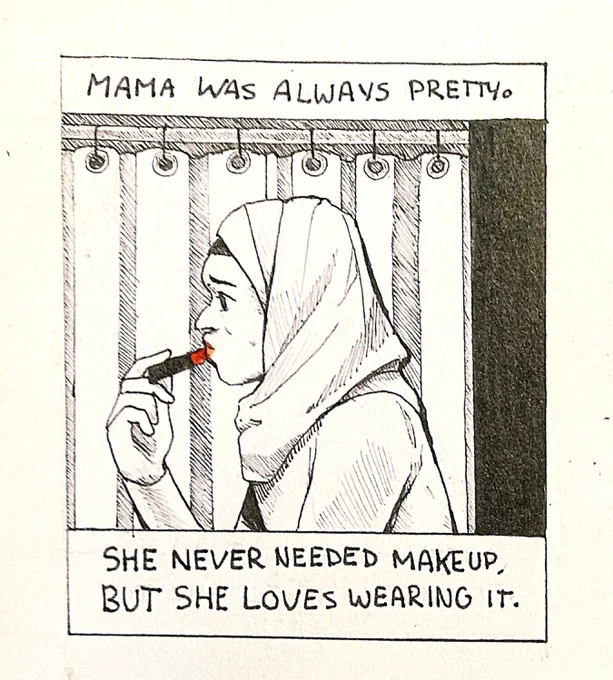 (2/6) #FreePalestine #CeasefireNOW
Text:

Mama was always pretty
She never needed makeup, but she loves wearing it

She has a stick of red lipstick for special occasions.
Even Baba agrees that she's the prettiest. 