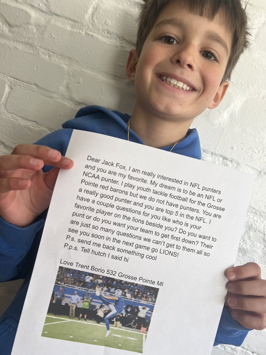 jborio's tweet photo. @MrJackFox my 9 year old son Trent is your biggest fan. He is glad you’ve been able to get some work in on kickoffs since you guys punt so infrequently. We are coming to the game tomorrow if you’d like to boot one up to us @Lions https://t.co/e0MbdMa19r