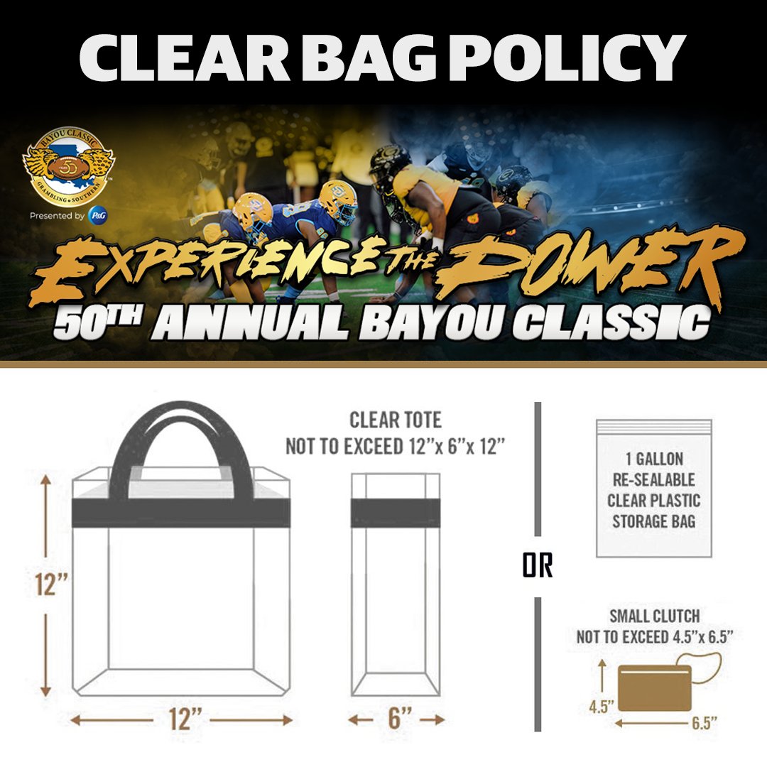 Plan ahead for your visit to Caesars Superdome this weekend. If you are attending Battle of the Bands & Greek Show (11/24) and/or 50th Annual Bayou Classic (11/25), please see our clear bag policy. Additional event info is at bit.ly/CaesarsSuperdo…