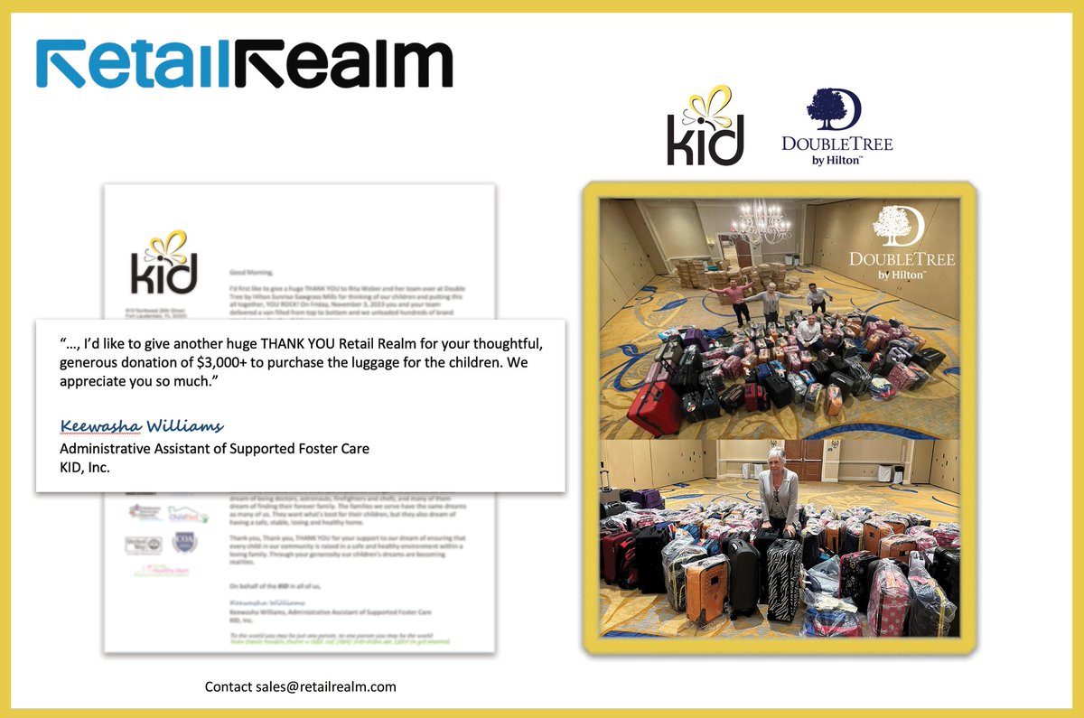 Retail Realm donated luggage to aid Kids in Distress, with special thanks to Rita Weber, HR Director at DoubleTree by Hilton Sunrise-Sawgrass Mills FL. This collaborative effort reflects our commitment to community impact in the season of giving #DoubleTree #Thanksgiving2023
