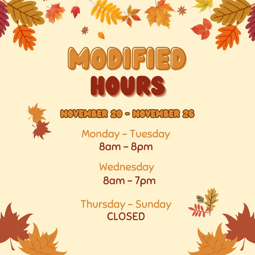 UTRGVUREC's tweet photo. Happy Fall Holidays Vaqueros! ๐งก Donโt forget to check out our modified hours for the remainder of the week ๐ฆ
#urec #utrgvurec #FallHolidays #ModifiedHours https://t.co/Y36Tt2o5Ru
