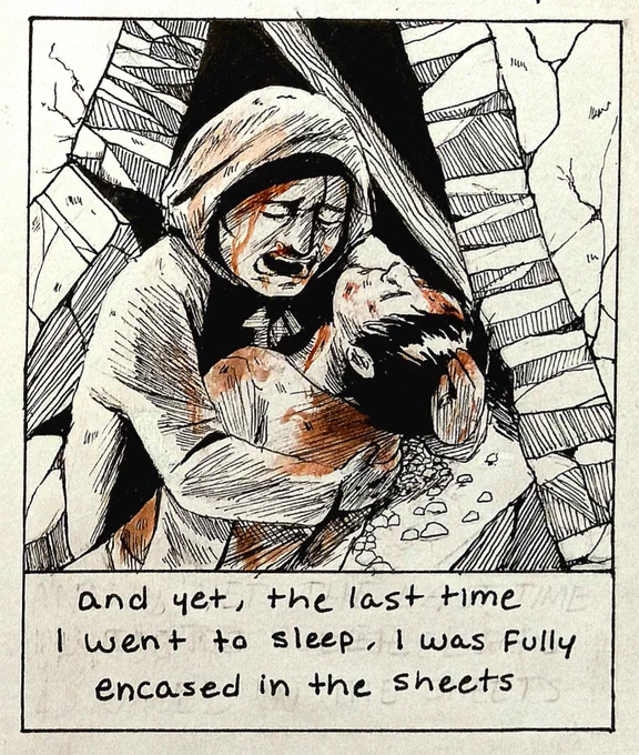 (5/6) #FreePalestine #CeasefireNOW
text:
and yet, the last time i went to sleep, I was fully encased in the sheets 