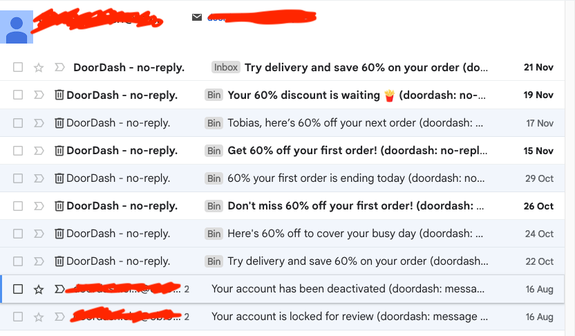 primfaktor's tweet photo. @DoorDash So let me get this straight, you deemed my freshly created account as violating your TOS, without explaining how or why (I can only guess it's the email address).

But it's still good enough to be spammed at? https://t.co/NcGqmqCcHQ
