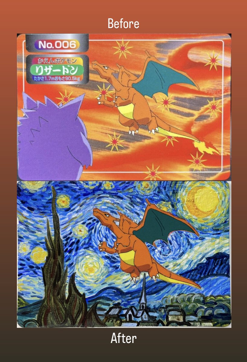 ProjectCurrency's tweet photo. The Currency Project's first ever Pokemon card painting aftr Van Gogh's Starry Night

Title:  Charry Night  (f.o.g.)
Medium: Oil paint on authentic 1997 Topsun Nintendo Japanese Charizard v Gengar Pokemon card 006
TCP SN# 0059
**Ebay Auction Ended Oct 29 **
#VanGogh #Pokemon https://t.co/boaB5QQ3ft
