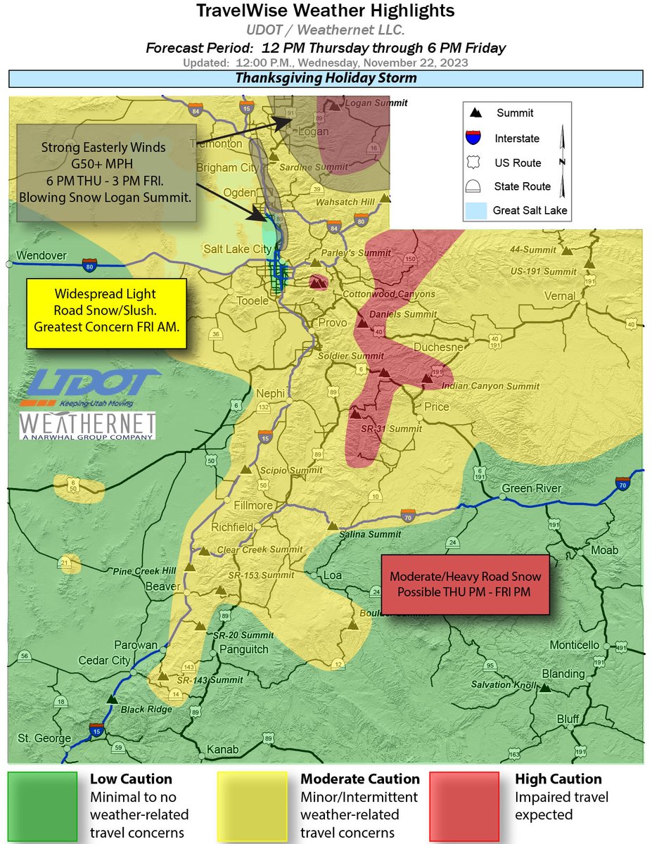 UDOTTRAFFIC's tweet image. Road Weather Alert 
Thanksgiving Holiday Storm
Thu 12 PM through Fri 6 PM 
#utwx #utsnow #utwind @UtahTrucking 
For more info, visit: udottraffic.utah.gov/roadweatherale…