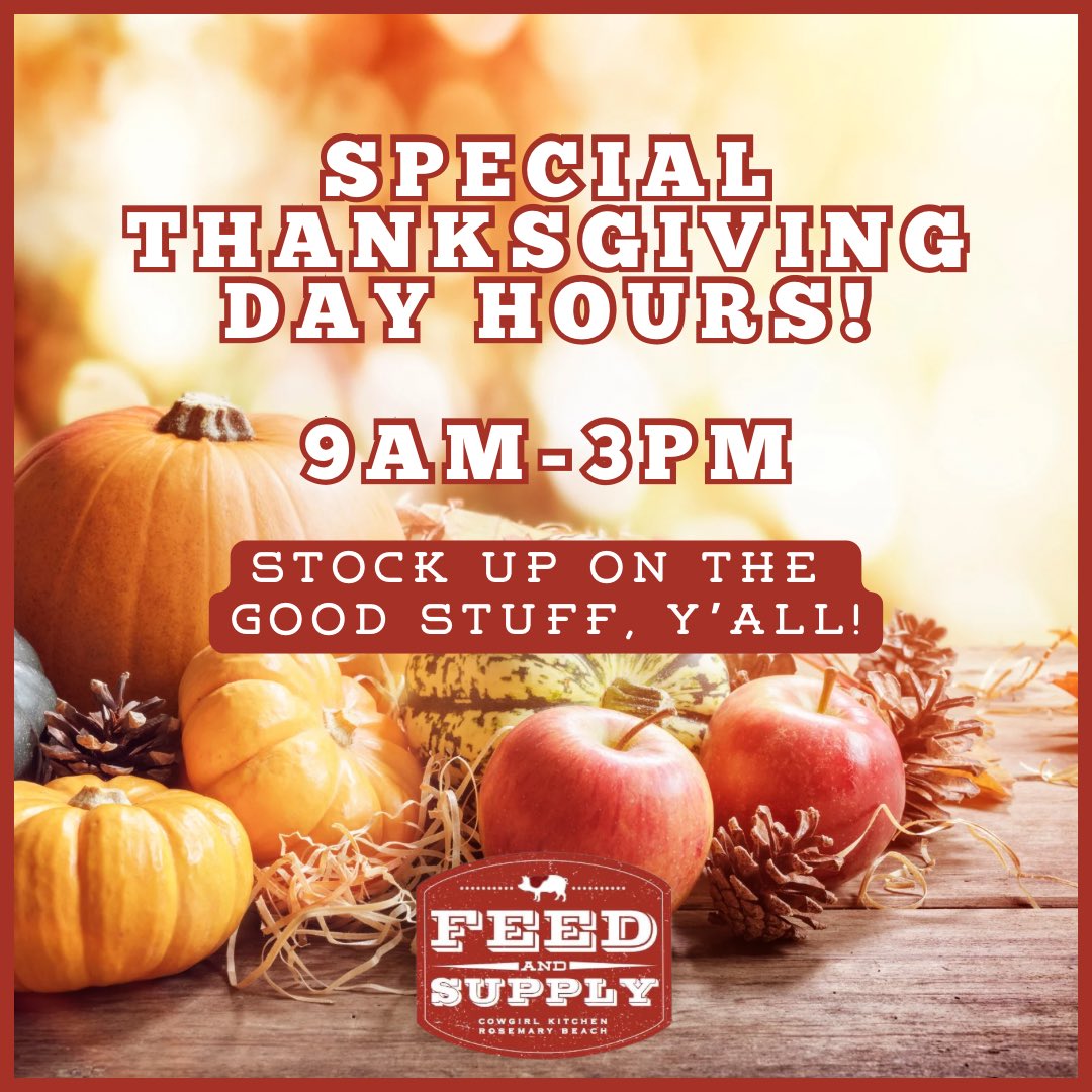 ckfeedandsupply's tweet photo. 🦃🍽️ Get ready for a stress-free Thanksgiving! We're open tomorrow from 9 AM to 3 PM, offering a last-minute lifeline for all your holiday needs. Whether it's sides, casseroles, spices, charcuterie items, wine, or kitchenware, we've got you covered. #ShopRosemaryBeach #30A #SoWal https://t.co/PzoP5gxvhr