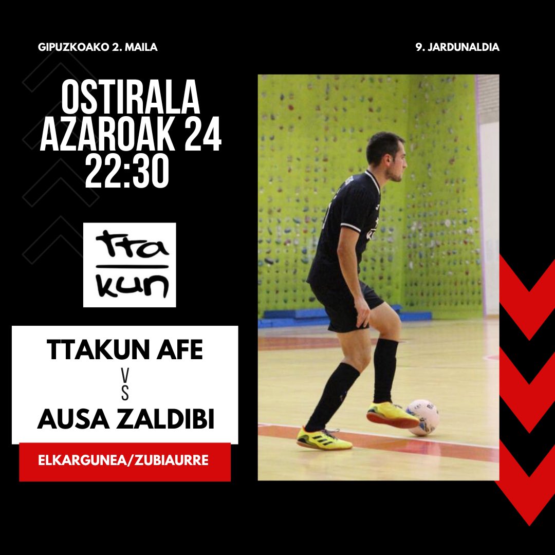 Beste 3 punturen bila 💪🏻

🏆 9. Jardunaldia
📆 Azaroak 24, ostirala
🏟️ Elkargunea/Zubiaurre
⏰ 22:30
🆚 <a href="/zaldibiAFT/">Ausa Zaldibi F.K.K.</a>