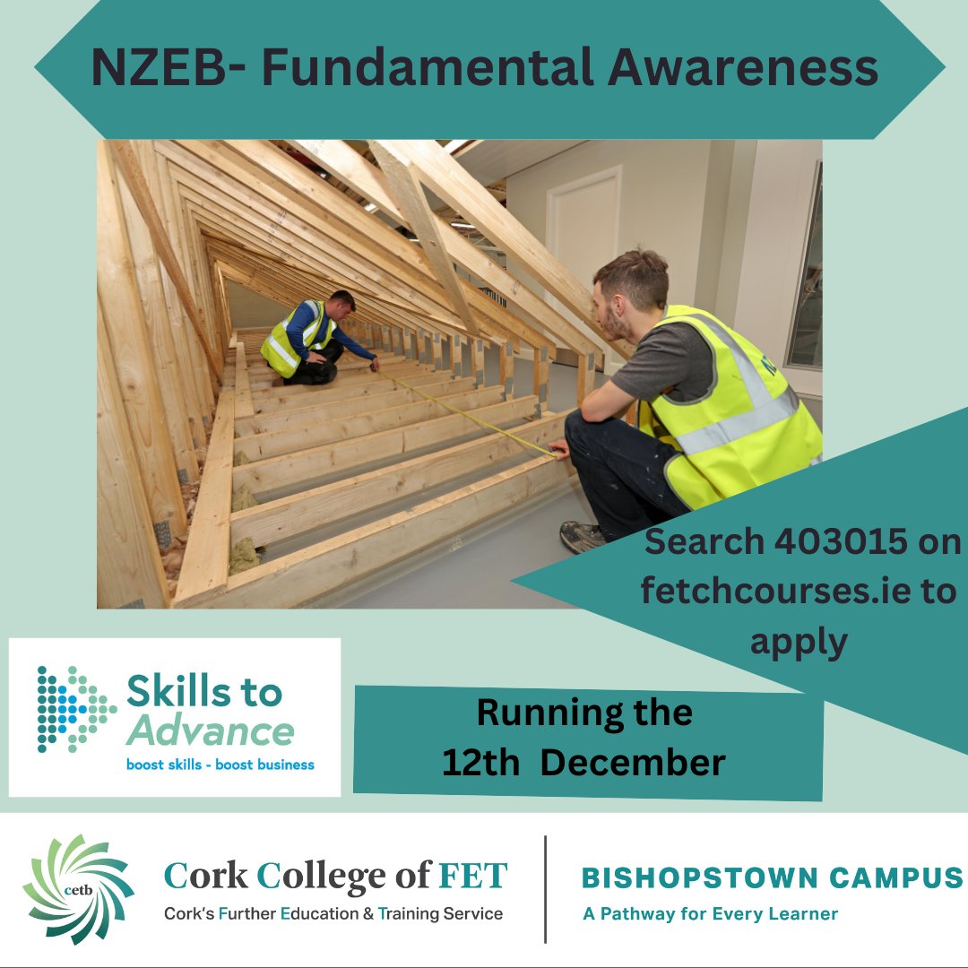 FETBishopstown's tweet photo. Our one day Fundamental Awareness NZEB course will give construction professionals knowledge and understanding in the principles of NZEB, taking place in our state of the art NZEB &amp; Retrofitting Centre of Excellence in Bishopstown.
@CorkETB @SOLASFET  @EndaMcbrien https://t.co/V0pkqhqCOk