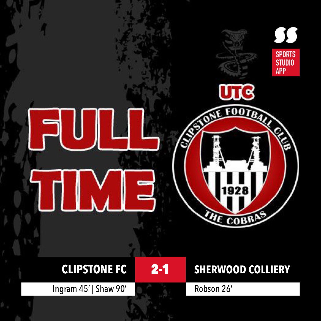 ClipstoneFC1's tweet photo. FT: Clipstone FC 2 - Sherwood Colliery 1 

GET IN! The Cobras progress to the Semi Final of the Notts Senior Cup with a 93rd minute winner through Brandon Shaw. All the best to Sherwood. A Massive thanks to the 360 in attendance 👏🐍 UTCCCCC🐍 https://t.co/A4y3VpFoWn