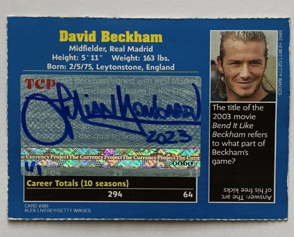 ProjectCurrency's tweet photo. Title:  Bend it (painting inspired by Claude Monet)
Medium: Oil paint on authentic 2004  Sports Illustrated For Kids trading card 389
TCP SN 0060

#DavidBeckham #thecurrencyproject #painting https://t.co/JeixFPzzB9