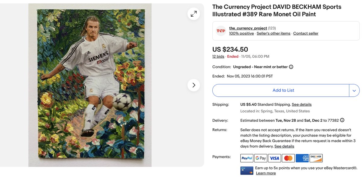 Title:  Bend it (painting inspired by Claude Monet)
Medium: Oil paint on authentic 2004  Sports Illustrated For Kids trading card 389
TCP SN 0060

#DavidBeckham #thecurrencyproject #painting
