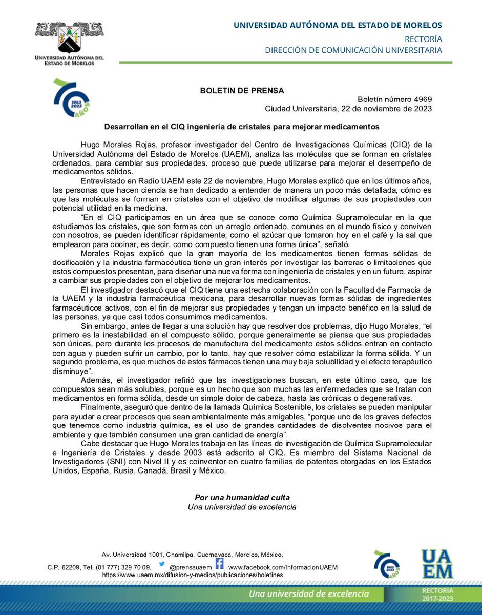 CIQUAEM's tweet photo. #BOLETIN
#Enterate
El Dr. Hugo Morales Rojas #Investigador del #CIQ y su grupo de investigación desarrollan ingeniería de cristales para mejorar medicamentos. #UAEM https://t.co/XbuY1A8bVe
#OrgulloCIQ #UAEM https://t.co/YRVZesApa4