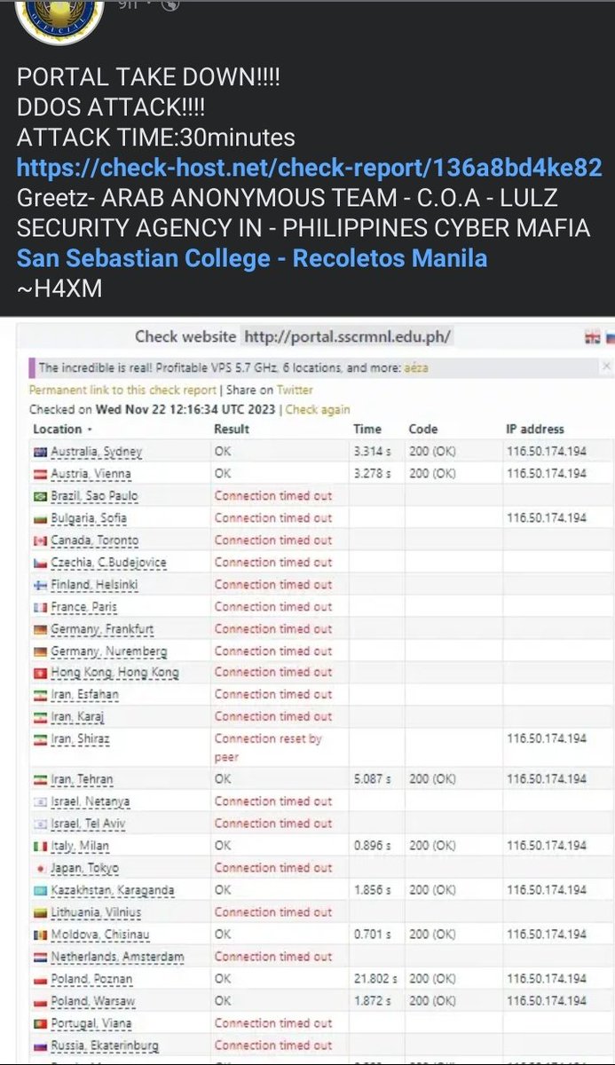 deepwebkonek's tweet photo. #DDoSAlert: MauXploits PH attacked several Philippine School and University websites in the last 12 hours.

• University of Cabuyao
• AMA Education System 
• San Sebastian College- Recoletos Manila 
• DepEd Bacoor City

All of them are now up and working. https://t.co/nkKAPV0hbO