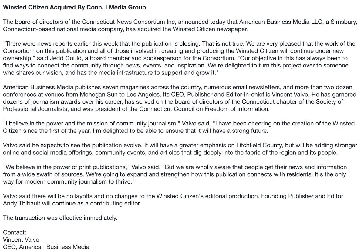 ctblogger's tweet image. The Winsted Citizen lives! Way to go @cooljustice!! #SUPPORTLOCALJOURNALISM