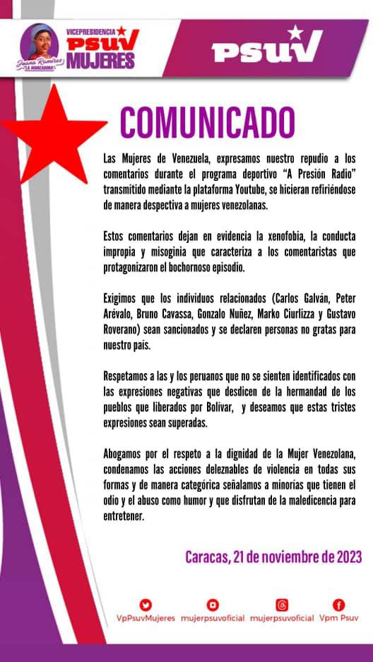 d_guzmanl's tweet photo. Condenamos de manera contundente los comentarios misóginos y xenófobos hacia las mujeres venezolanas por parte de los periodistas peruanos del programa @apresion1. ¡Exigimos respeto! No podemos seguir permitiendo la violencia de género en ninguno de los espacios ¡Basta! https://t.co/ZaecpLCxpE