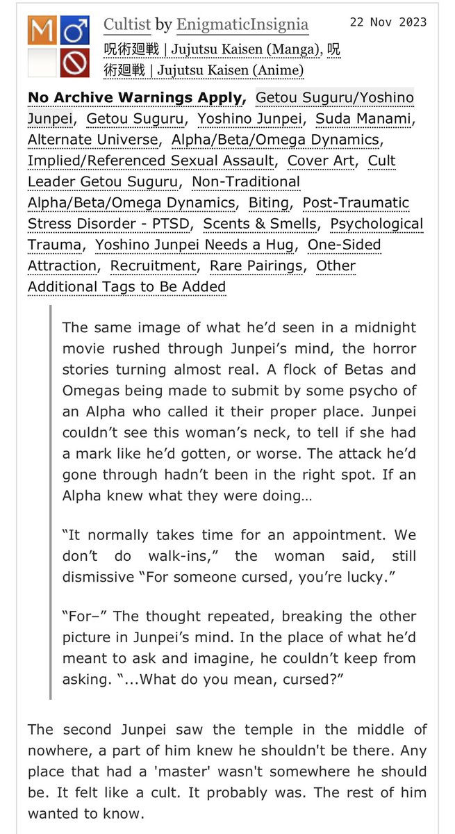 It’s still #jjkrarepairweek and I’m here with a new piece! There’s both art AND a fic chapter for Suguru / Junpei! 

archiveofourown.org/works/51771244…

5.7k, Rated M, Part 1 of 2 (for now: a positive response could make more be added!), A/B/O 

<a href="/JJKOasisZine/">Oasis: A JJK Rare Pair Zine 🏝</a>