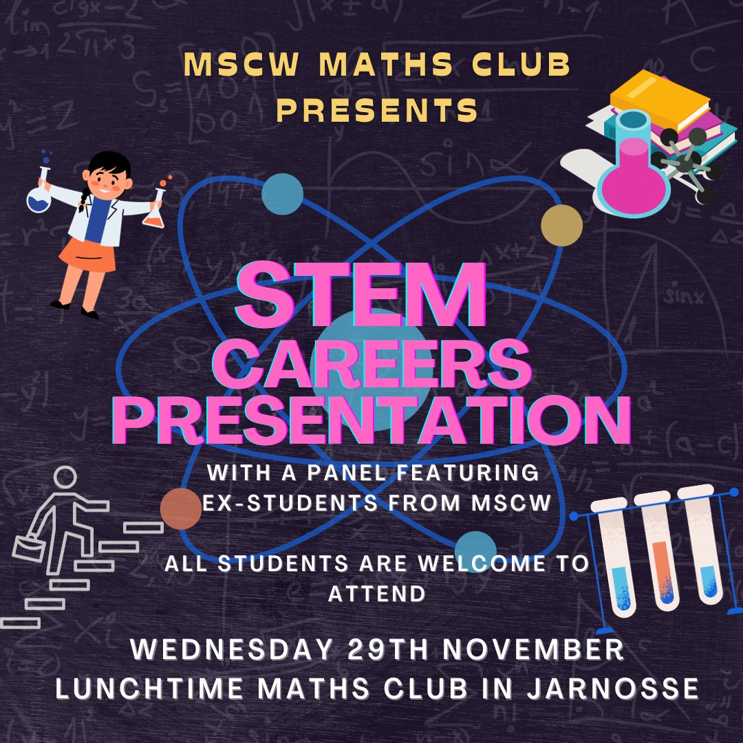 MSCWoolwich's tweet image. MSCW Maths Club invites students to attend a special event next Wednesday 29th November! There will be a panel at lunch in Jarnosse during Maths Club time and will continue into a presentation in Year 12 Maths Advanced classes in Period 5. 

#WomenInSTEM #Careers #ExploringSTEM