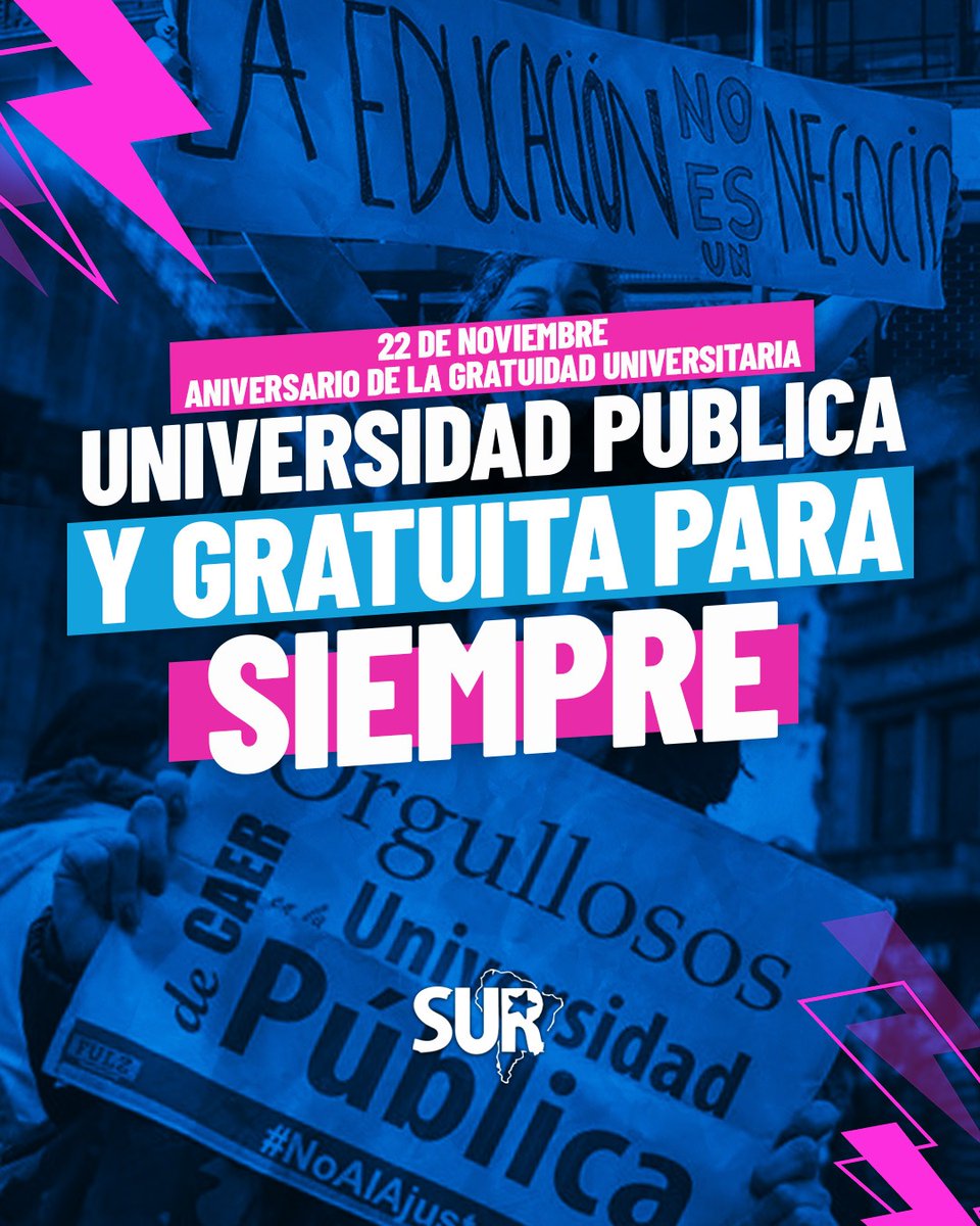 Sur_JuventudC's tweet photo. 22 de noviembre || DÍA DE LA GRATUIDAD UNIVERSITARIA 🩵

🏫 Universidad PUBLICA y GRATUITA siempre 🇦🇷

👉🏻 La educación pública no se negocia, sin educación pública no hay futuro
#SinEducacionPublicaNoHayFuturo #EnDefensaDeLaEducacionPublica #noalvoucher #sur #MovimientoSur https://t.co/FvOOBTqZLm