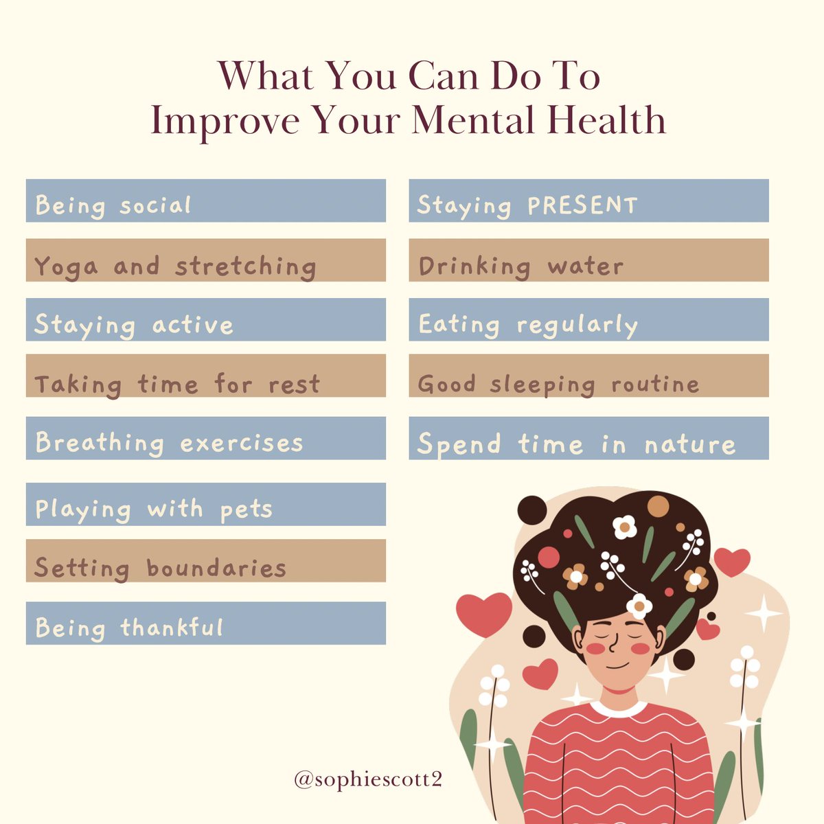 Sometimes we can forget the basics to improve your mental wellbeing. Try these - more at instagram.com/sophiescott2 😊😊💕💕