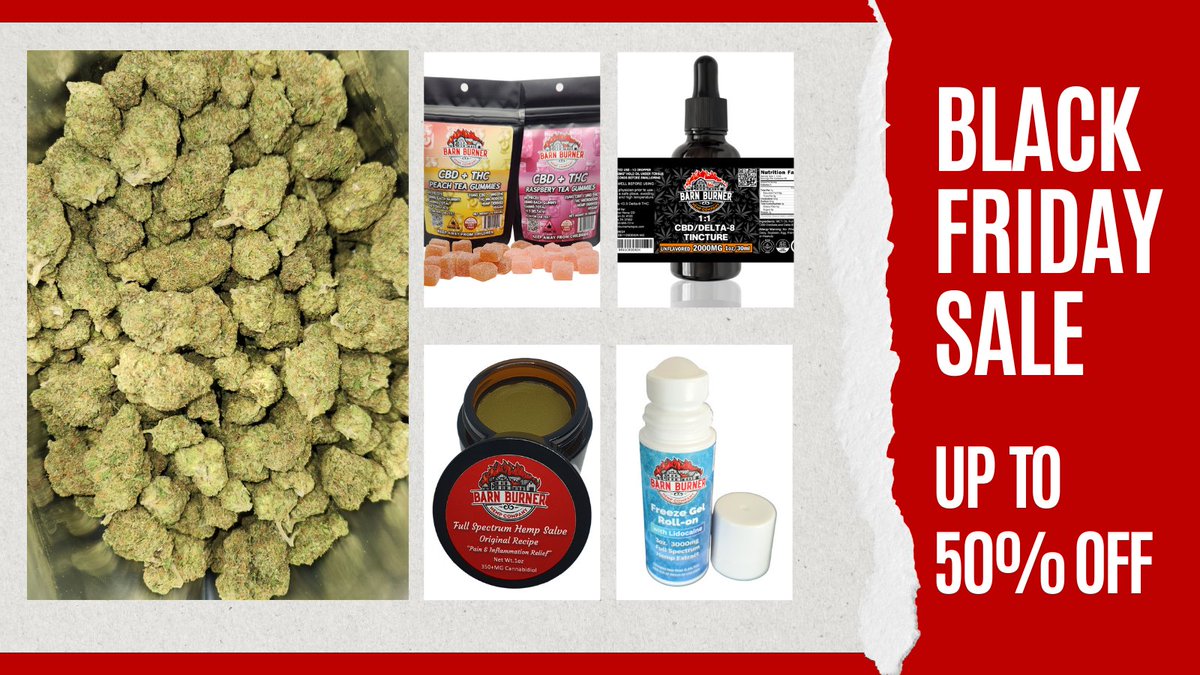 BarnBurnerHemp's tweet photo. 🚨 #BlackFriday Alert at Barn Burner Hemp Co.! 🚨

Score up to 50% OFF on our best hemp products! 🌿✨

50% OFF Tinctures
40% OFF Gummies (Now in 100 count packs!)
35% OFF THCa
30% OFF Topicals
No codes, just amazing deals! Sale ends 11/28. 👉https://t.co/o1dVa3sQpb https://t.co/pk0aGjM5J6