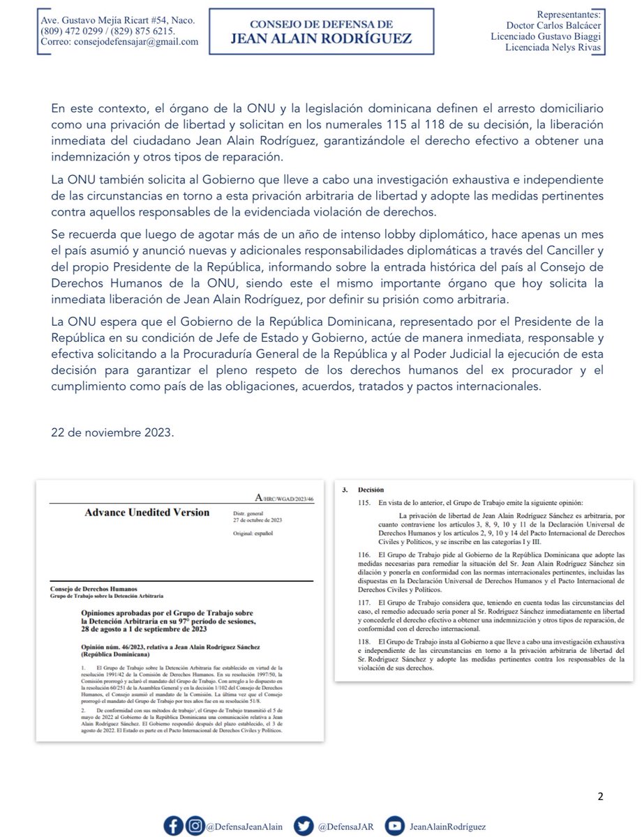 defensajar's tweet photo. NOTA DE PRENSA - LA ONU SOLICITA LIBERTAD INMEDIATA DE JEAN ALAIN RODRÍGUEZ POR
DETENCIÓN ARBITRARIA

Compartimos con ustedes la trascendental información relativa al documento enviado al Gobierno dominicano por parte del Consejo de Derechos Humanos de la ONU. https://t.co/q2wXdS5EIl