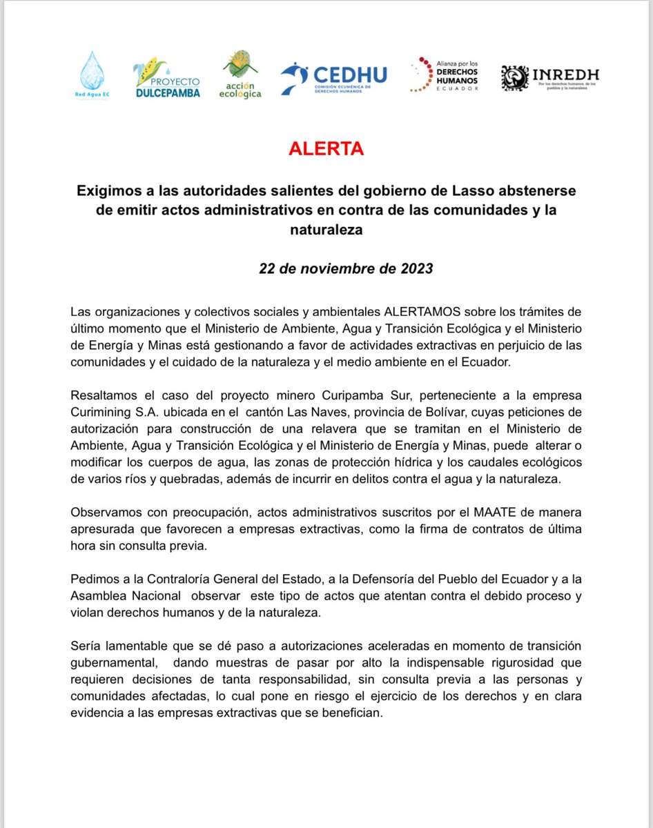 Cedhu's tweet photo. 🔴 #Urgente ALERTAMOS sobre los trámites de último momento que el @Ambiente_Ec y el @RecNaturalesEC está gestionando a favor de actividades extractivas en perjuicio de las comunidades y el cuidado de la naturaleza y el medio ambiente en el Ecuador. @LassoGuillermo @Presidencia_Ec https://t.co/ui9JmszE7Y