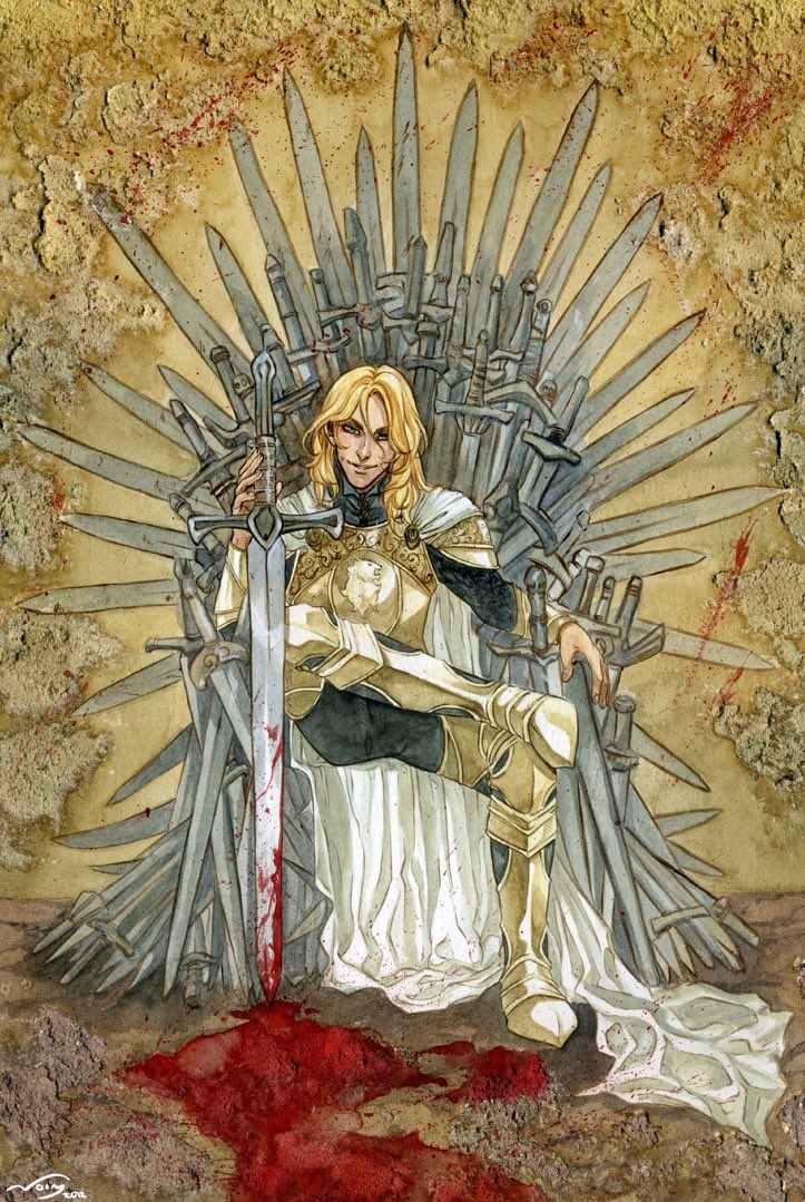 dailykingslayer's tweet photo. “jaime wore the white cloak of the kingsguard over his golden armor. I can see him still. even his sword was gilded. he was seated on the iron throne, high above his knights, wearing a helm fashioned in the shape of a lion's head.” — eddard (AGOT) https://t.co/R1U6UKytq3