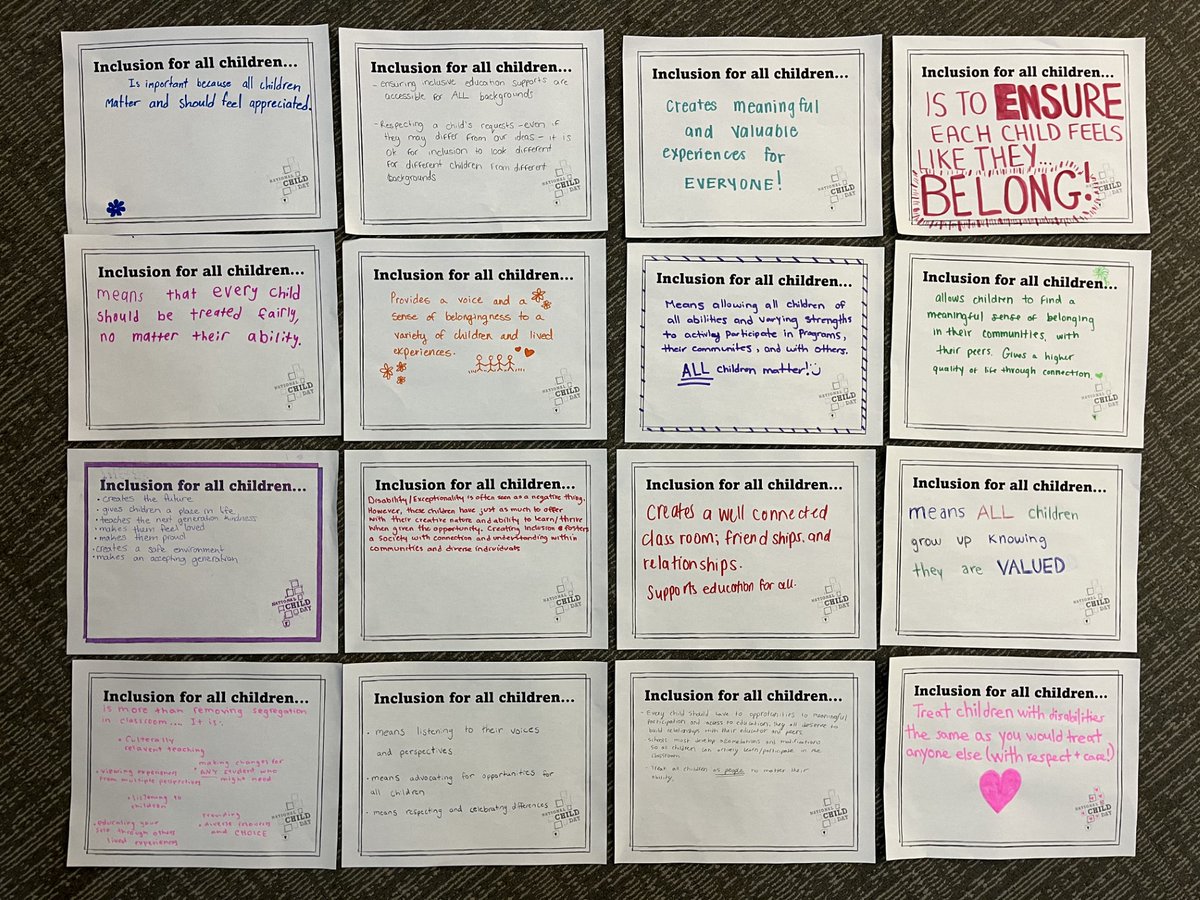 In recognition of #NationalChildDay and to advocate for all children's rights, students in my Inclusive Practices course at the <a href="/uofg/">University of Guelph</a> are sharing their perspectives on why inclusion for all children matters.
<a href="/CSAHS_UoG/">CSAHS, University of Guelph</a> #EveryRightForEveryChild #childrenhaverights